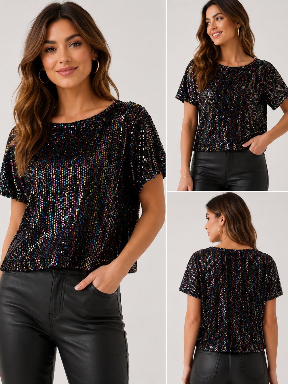 She + Sky M Black Rainbow Sequin Top Party Holiday Cocktail Glam Blouse